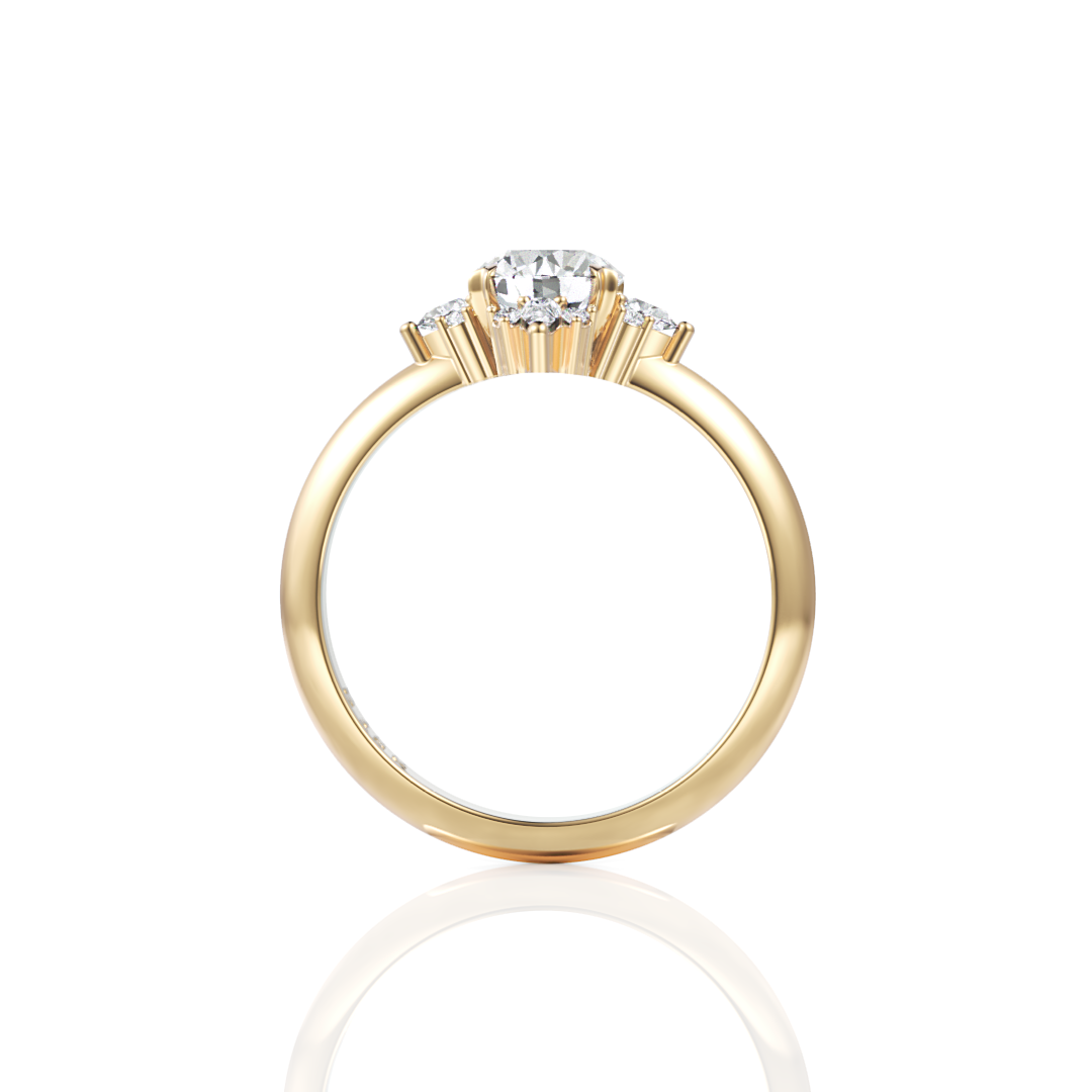 18k yellow gold cluster engagement ring with round brilliant cut diamond through finger view
