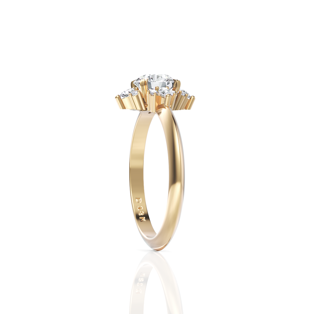 18k yellow gold cluster engagement ring with round brilliant cut diamond side view
